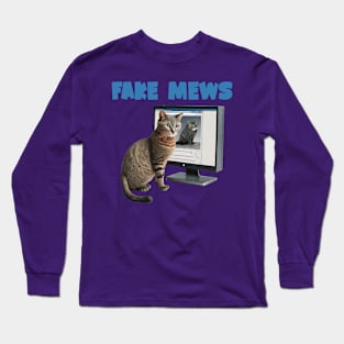 Cat looking at Catbook says fake mews funny Long Sleeve T-Shirt